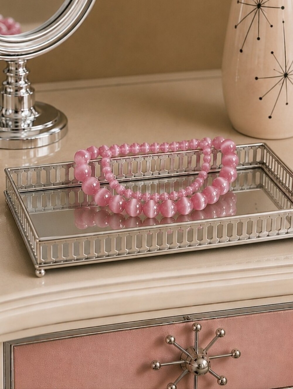2 Moonglow Pink Stone Cats Cat's Eye Stone Beaded Vintage Stretch Bracelets Set
